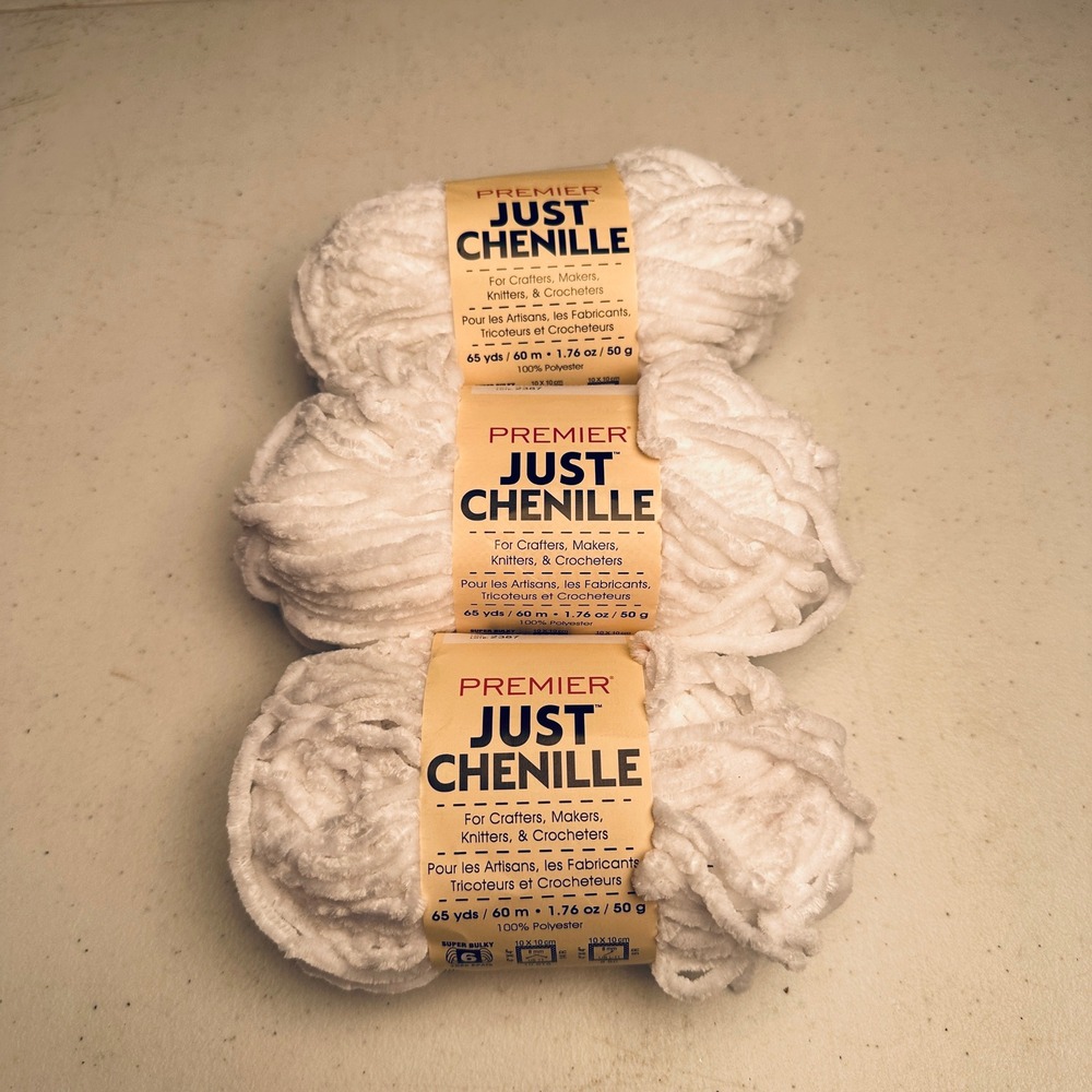 Premier Just Chenille Yarn Bright White Super Bulky Lot of 3 Skeins Matching Lot